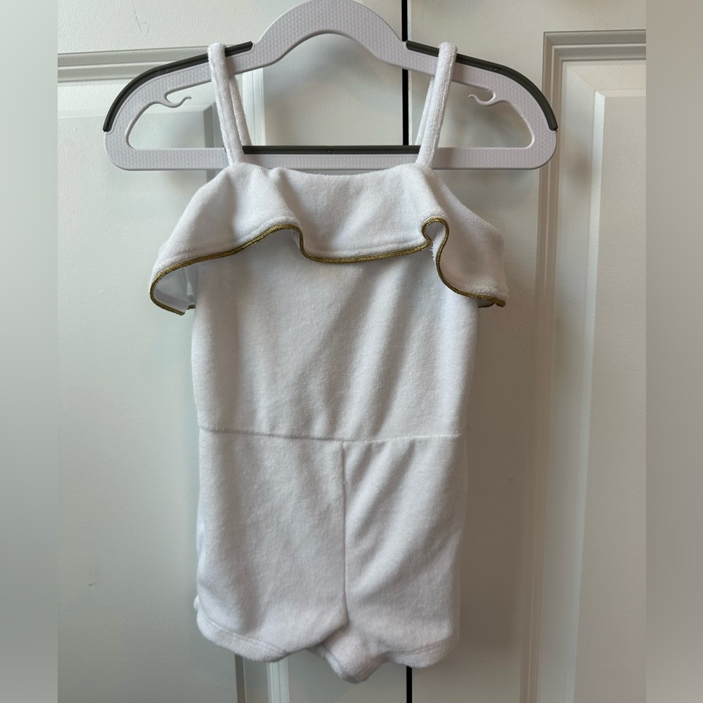 Janie and Jack White and Gold Piped Terry Romper (Size 12-18 Months)